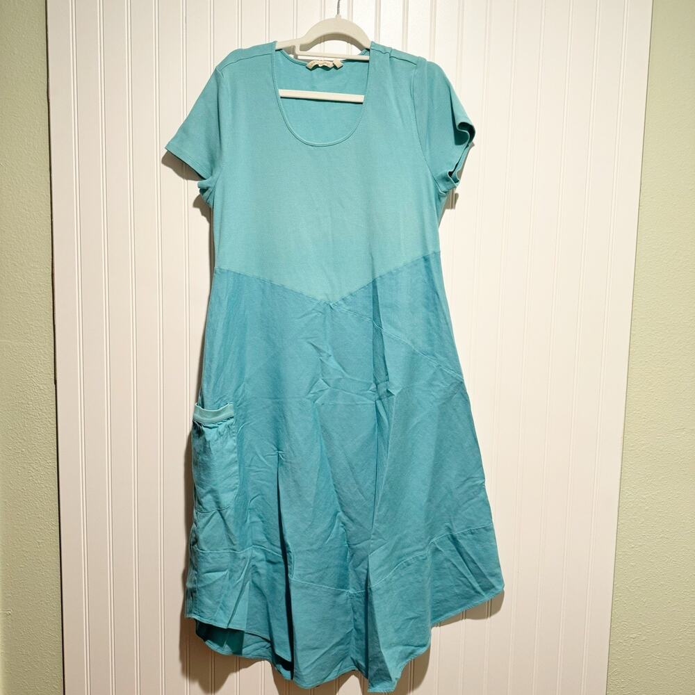Soft Surroundings Blue Linen Mixed Media Midi Dress Front Pocket Size Large